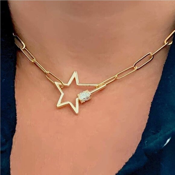 NEW! 14K Gold Plated Paperclip Chain and Zirconia Carabiner Star Choker Necklace - Picture 2 of 7